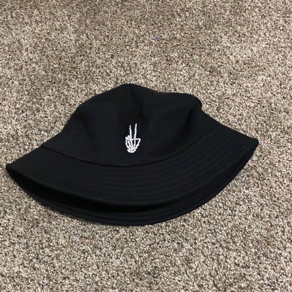 Black Bucket Hat with White Skeleton Hand Embroidery - Men Accessories